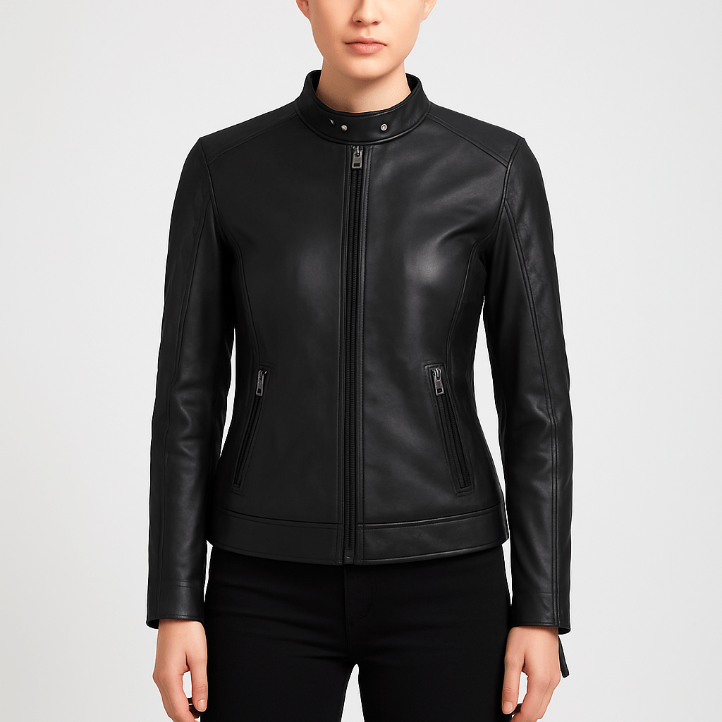 Women's vintage slim-fit black cafe racer leather jacket