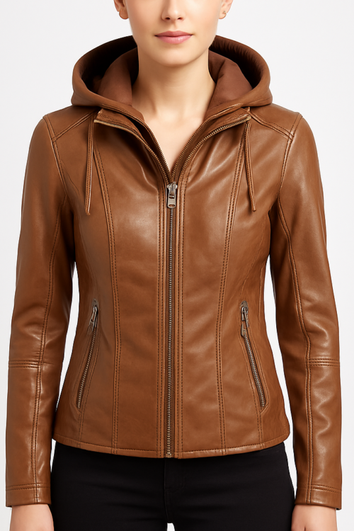 Women’s Brown Leather Jacket with Removable Hood
