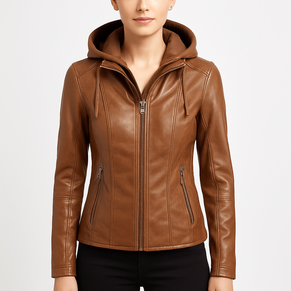 Women's removable brown leather hooded jacket