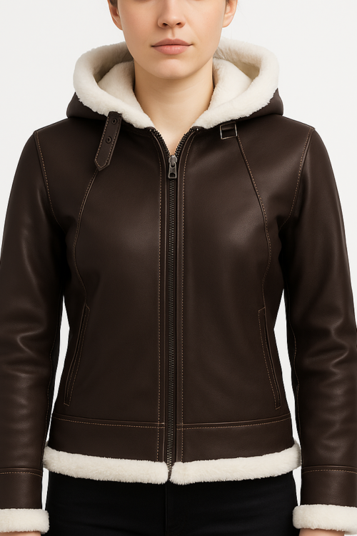 Women’s Brown Shearling Fur-Lined Hooded Leather Jacket