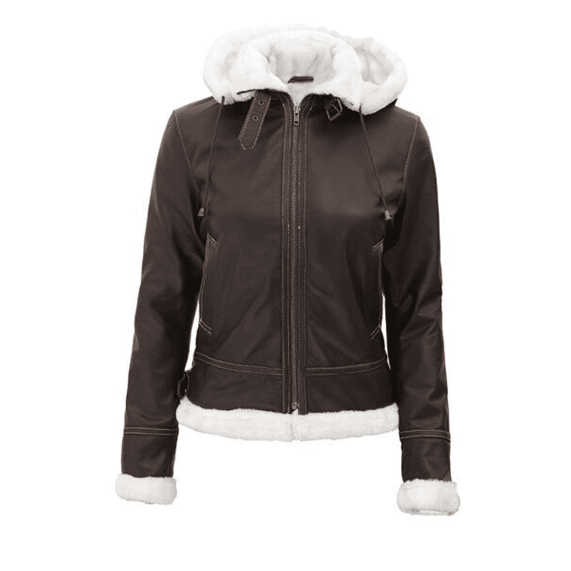Women's Brown Shearling Fur-Lined Hooded Leather Jacket - Image 2
