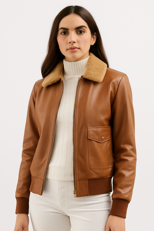 Women’s Fur Collar Bomber Leather Jacket