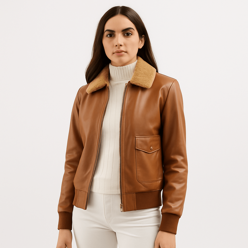 Women's fur collar bomber leather jacket