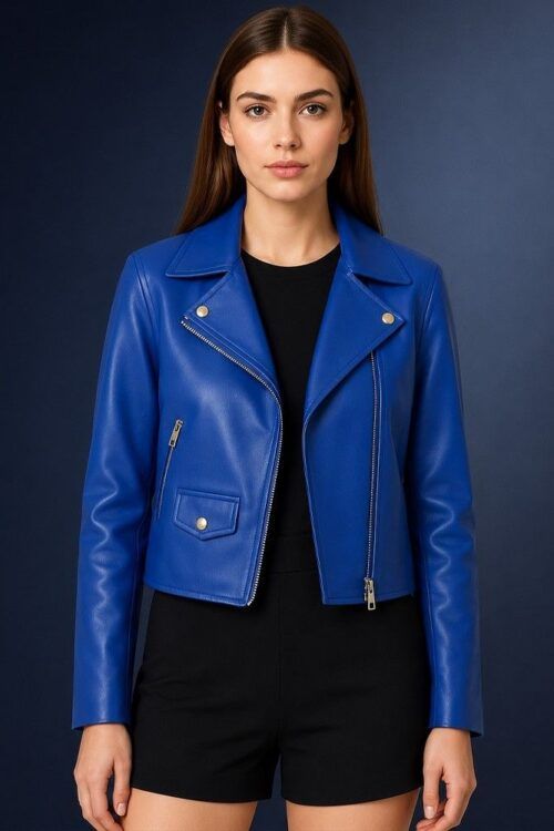 Women’s Blue Genuine Leather Biker Jacket
